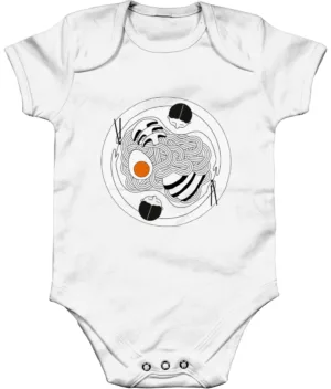 Kanada-Ya | Ramen Near Me | The Onsen Babygrow is a white baby onesie with a ramen bowl design, complete with noodles, an egg, vegetables, and chopsticks centered on the chest. | London