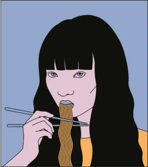 Kanada-Ya | Ramen Near Me | The Noodle Girl Ichi Print A3 features an illustration of a person with long hair using chopsticks to eat noodles against a pale blue background, holding the noodles near their mouth with a neutral expression. | London