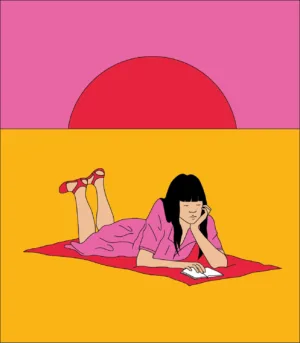 Kanada-Ya | Ramen Near Me | An illustration titled Half Sun Print A3 shows a person in a pink dress and red shoes lying on a red blanket, reading a book under a stylized pink and red sun against an orange sky. | London