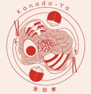 Kanada-Ya | Ramen Near Me | A red line drawing shows a ramen bowl with noodles, egg, meat, and toppings from above. Two people with chopsticks sit opposite each other. Kanada-Ya appears on top and Japanese text below. Gift Card £20. | London